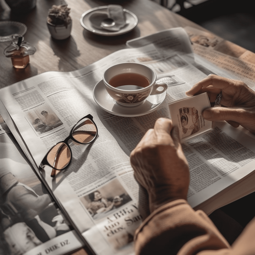 A person holding a small piece of paper with a cup of tea and glasses on a table at an upscale hotel.