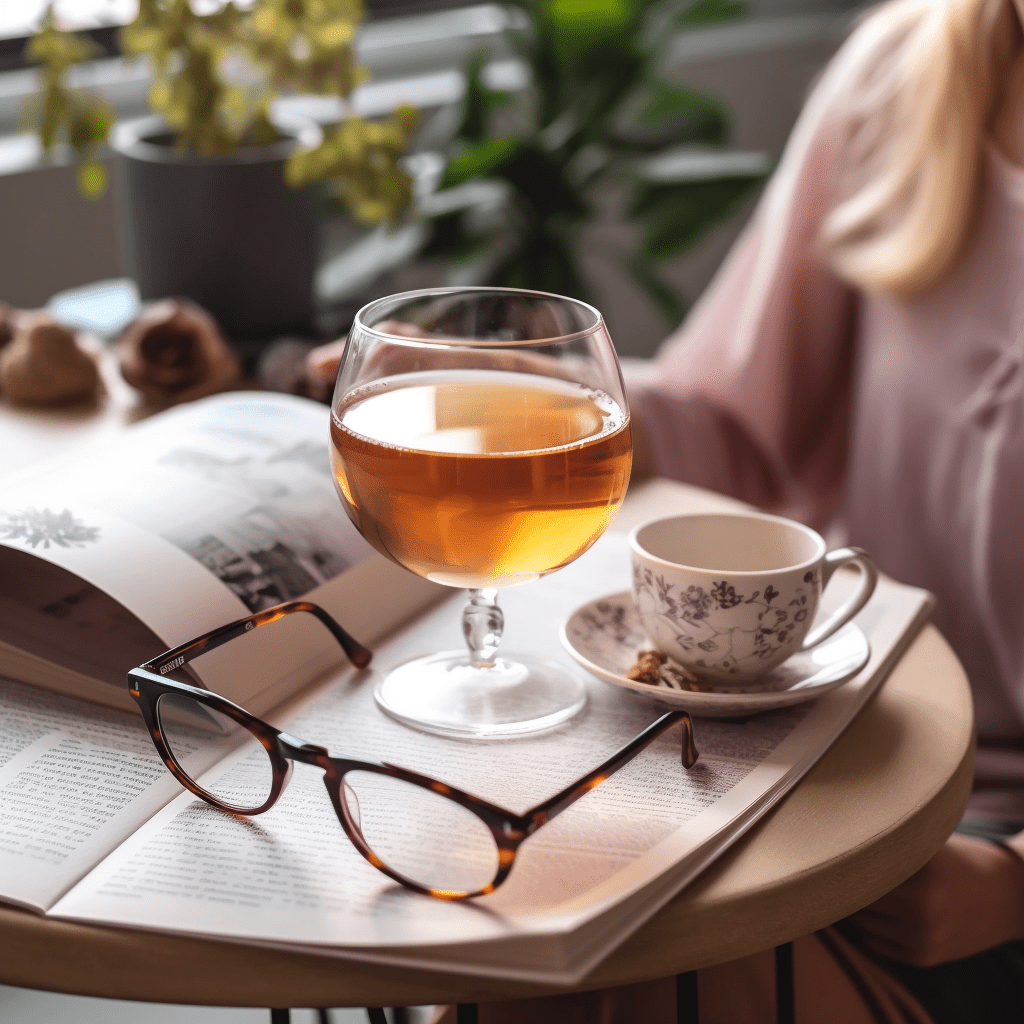 A woman sits at a table with a glass of tea and a book in an idyllic hotel.