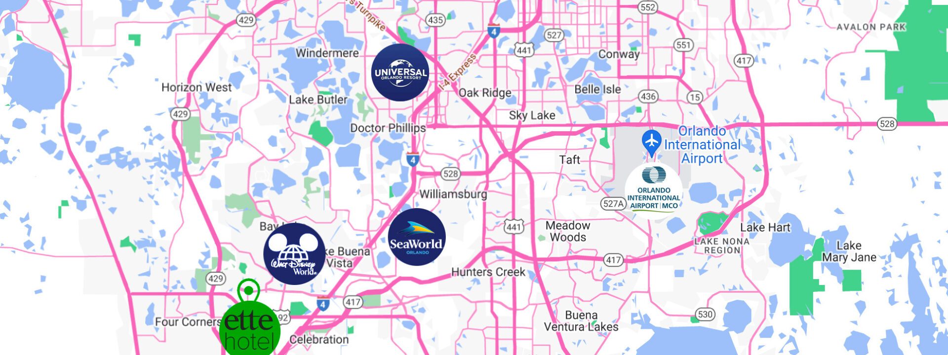 A map of the orlando area with some locations.