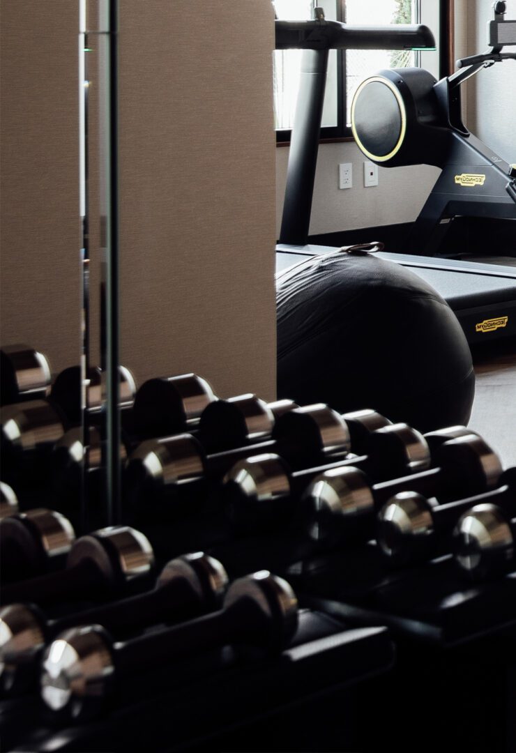 A room with many different types of dumbbells.