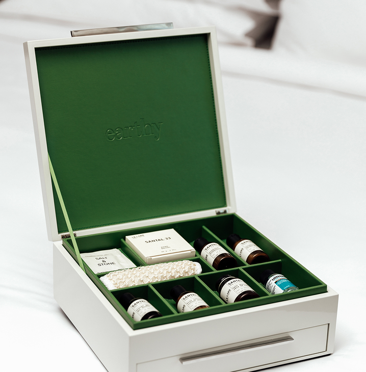 Signature ette hotel amenity box of bath products in the Wellness Suite