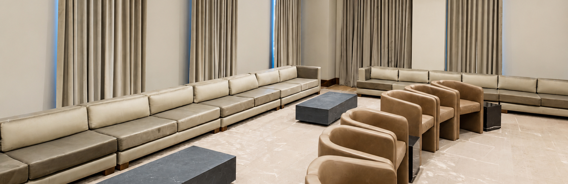 Meeting room with banquette seating and lounge chairs