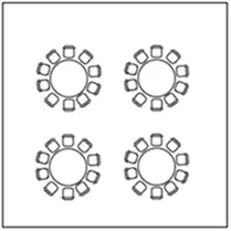 Banquet seating layout diagram with four round tables
