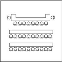 Classroom seating layout diagram with a head table and two rows